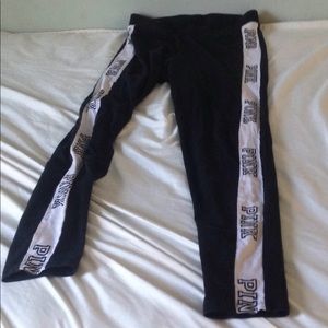 Black pink leggings with pink Lego down the legs